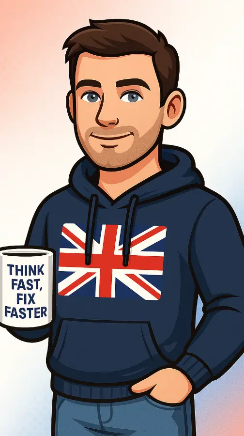 Brooks Computer Solutions illustrated mascot wearing Union Jack hoodie holding 'Think Fast Fix Faster' mug.